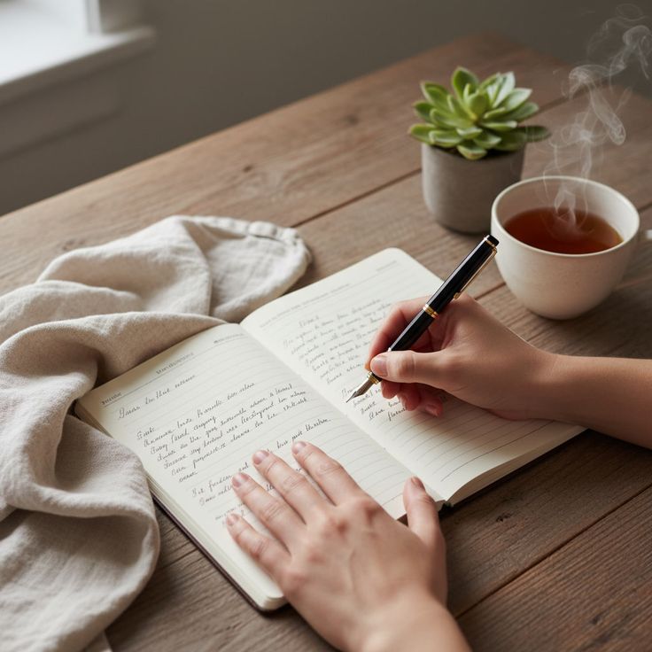 Person reviewing a daily schedule notebook with a cup of tea nearby