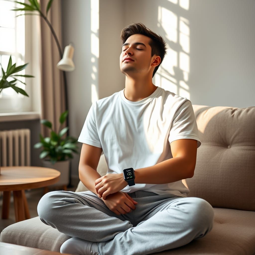 Person sitting comfortably in a chair practicing a brief breathing exercise