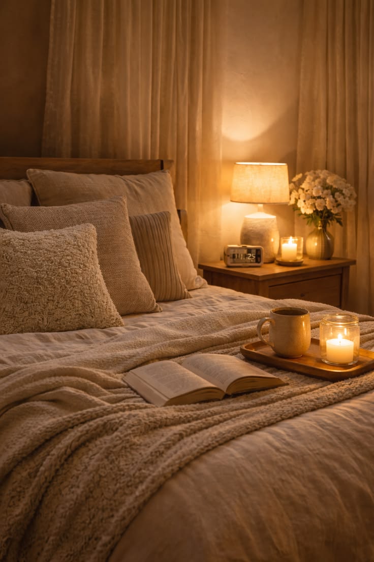 A dimly lit bedroom corner with soft bedding and a reading lamp creating a calm atmosphere